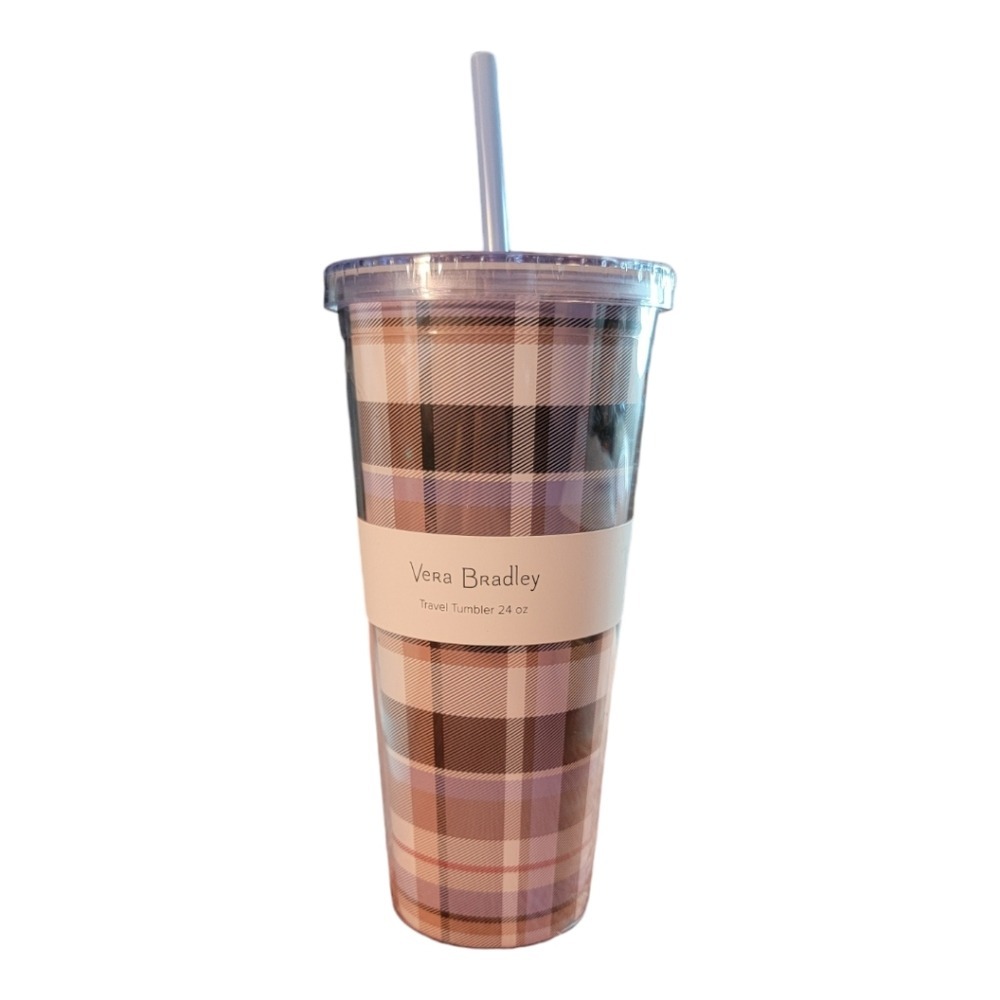 Vera Bradley Travel Tumbler 24 oz Plaid Pattern Cup‎ With Straw